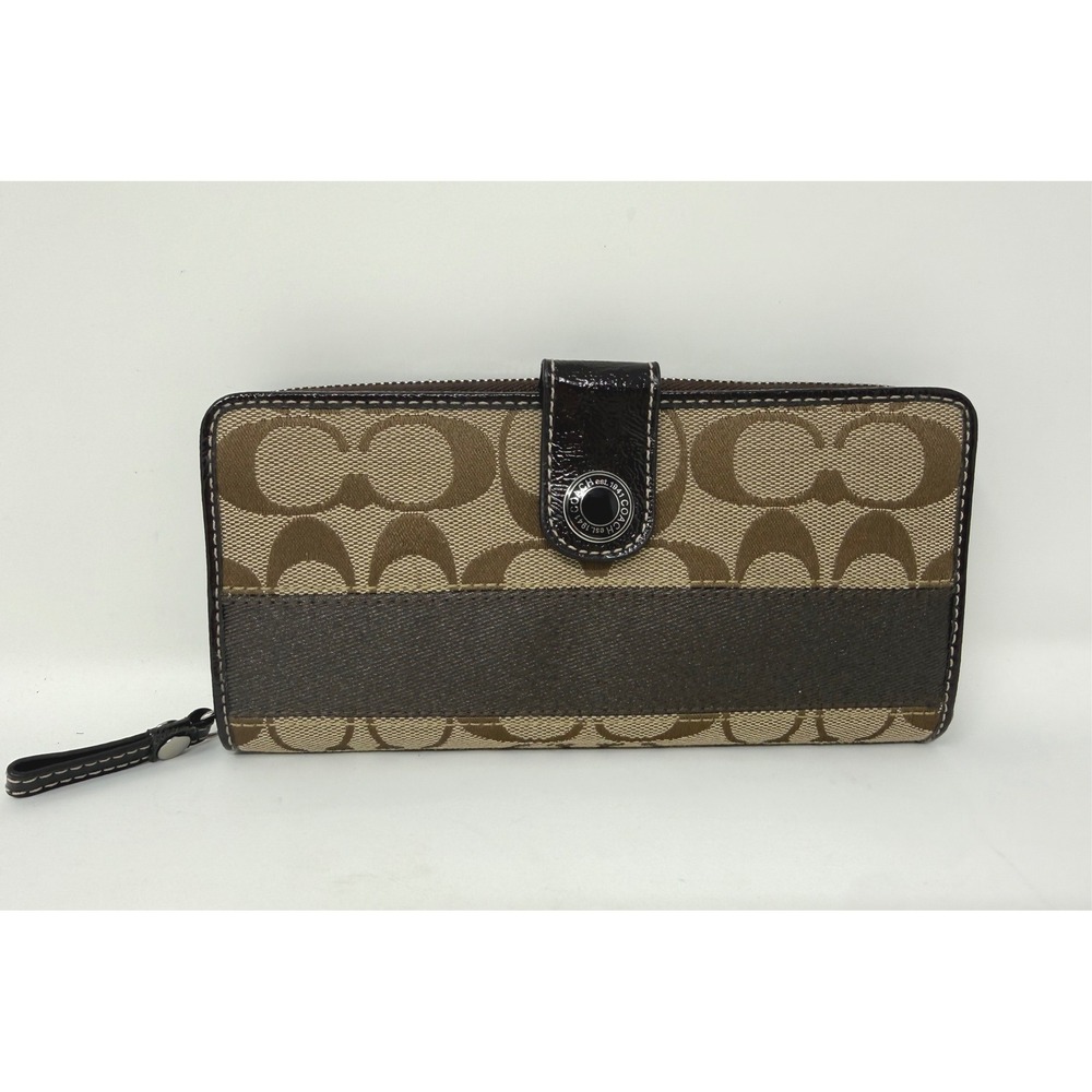 Coach‎ Signature C Brown Tan Monogram Striped Accordion Zip Long Wallet